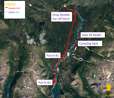 Map of Takhini river with two places to start the river
